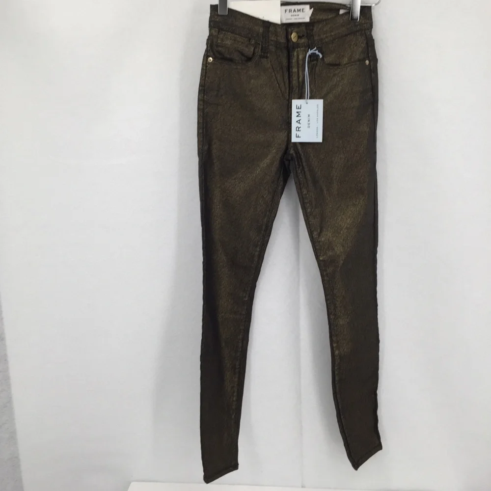 Frame Le High Rise Skinny metallic gold jeans ankle women new 24